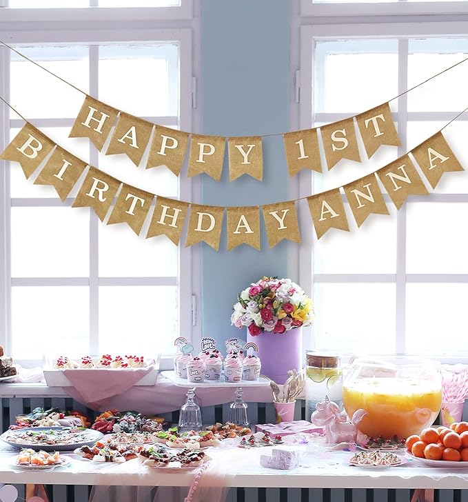 Pre-Printed Banner Kit – 97 BURLAP Flags with WHITE Letters, Numbers & Symbols, Reusable DIY Custom Banner, Make Your Own Personalized Party Banner, Faux Burlap, Includes Twine & 2 Needles