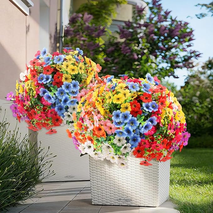 Artificial 16 Bundles Outdoor Flowers for Spring Decoration, Fake Daisy Flowers Realistic UV Resistant for Outside indoor Planter Front Door Porch Yard Patio windowsill Home Decor (Mix 8 colors)