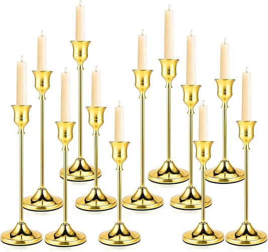 Brass Gold Candle Holders Set of 12, Metal Taper Candlestick Holders in 3 Heights - Vintage Candle Stick Holder Brass Decor - Candle Holder Centerpieces for Wedding Table Home Christmas Decoration