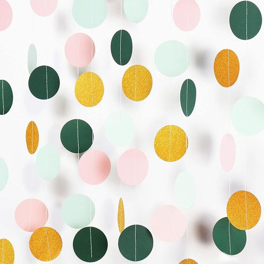 Sage-Green Pink Gold Paper Garland - 52Ft Glitter Paper Hanging Decoration Streamer Banner,Baby Bridal Shower Safari Birthday Tropical Party Decorations Jungle Theme Wedding Bunting Lasting Surprise