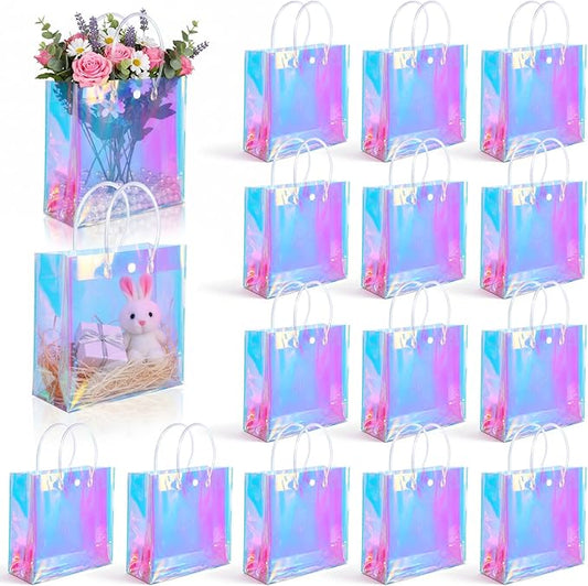 16 Pcs Holographic Small Gift Bags, Clear Reusable Iridescent Birthday Gift Bag with Handles, PVC Gifts Wrap Bags for Bachelorette Shopping Birthday Weddings Party Favors(7.87" x 7.87" x 3.15")