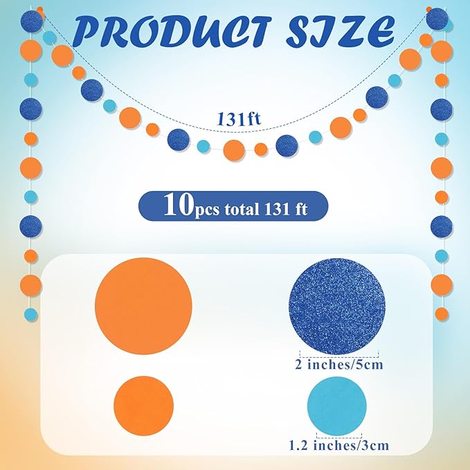 Outus 10 Pieces Orange,Blue Round Dots Garland Graduation Party Hanging Decor Each Length 13.1ft Glitter Paper Dot Streamers for Birthday Wedding Classroom Supplies