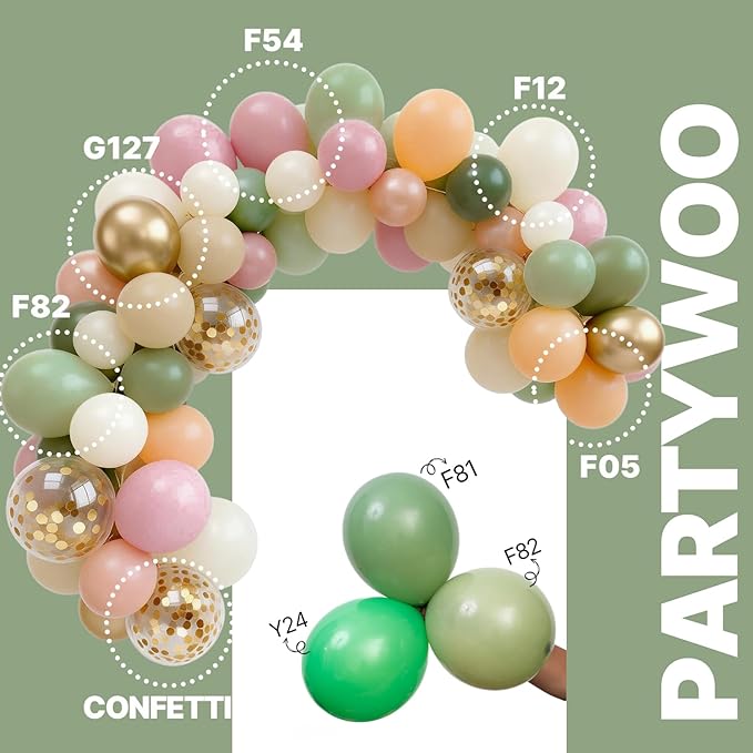 PartyWoo Pink and Green Balloons 66pcs 12 Inch Metallic Gold Sand White Sage Green Nude Dusty Pink Gold Confetti Balloons for Baby Shower Wedding Engagement Princess Birthday Party Decorations