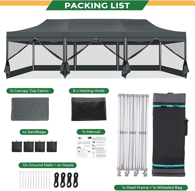 COBIZI 10x30 Heavy Duty Pop Up Canopy with 8 Sidewalls, Easy Set Up Outdoor Waterproof Screen Commercial Party Tent with Mosquito Netting for Parties Backyard Patio, Roller Bag, Gray