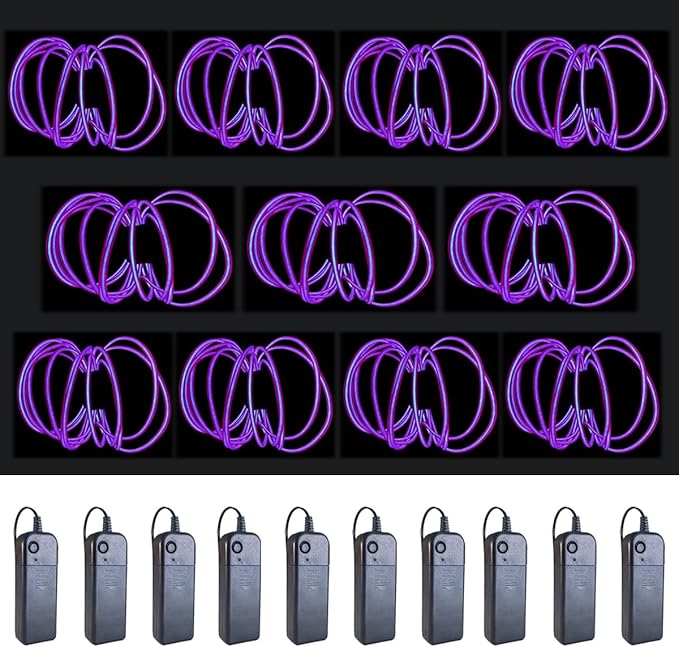MaxLax EL Wire Purple 10-Pack, 16.4ft/5m Neon Light Wire with Noise Reduction and Battery Pack…