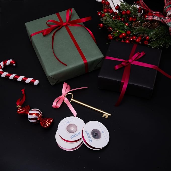 QIANF Burgundy Double Face Satin Ribbon 3/8 Inch x 45 Yards Wine Red Coral Pink Fabric Ribbon for Gift Wrapping, Flower Bouquets, Bows Making, Wedding Decor, Invitations, Christmas (3 Rolls *15Yd)