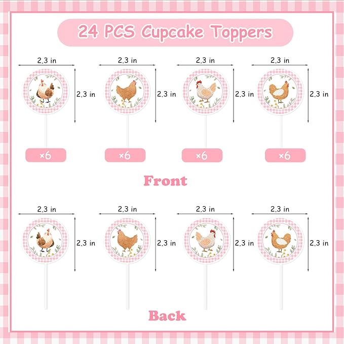 Cheereveal Chicken Birthday Party Decorations, 24pcs Chick Theme Cupcake Toppers Pink, Barnyard Farm Animal Theme Birthday Baby Shower Party Supplies for Girls