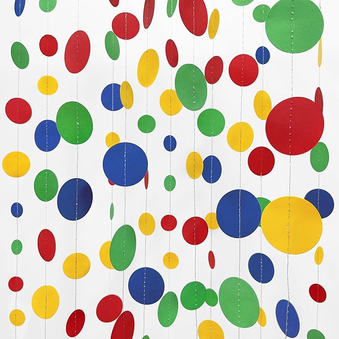 Mario Party Decorations Circle Dot Garland Red Blue Yellow Green Hanging Paper Polka Dot Streamer for Birthday Baby Shower Wedding Bridal Shower Carnival Circus Clown Fiesta Party Supplies