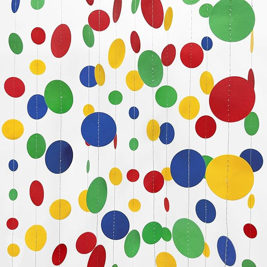 Mario Party Decorations Circle Dot Garland Red Blue Yellow Green Hanging Paper Polka Dot Streamer for Birthday Baby Shower Wedding Bridal Shower Carnival Circus Clown Fiesta Party Supplies