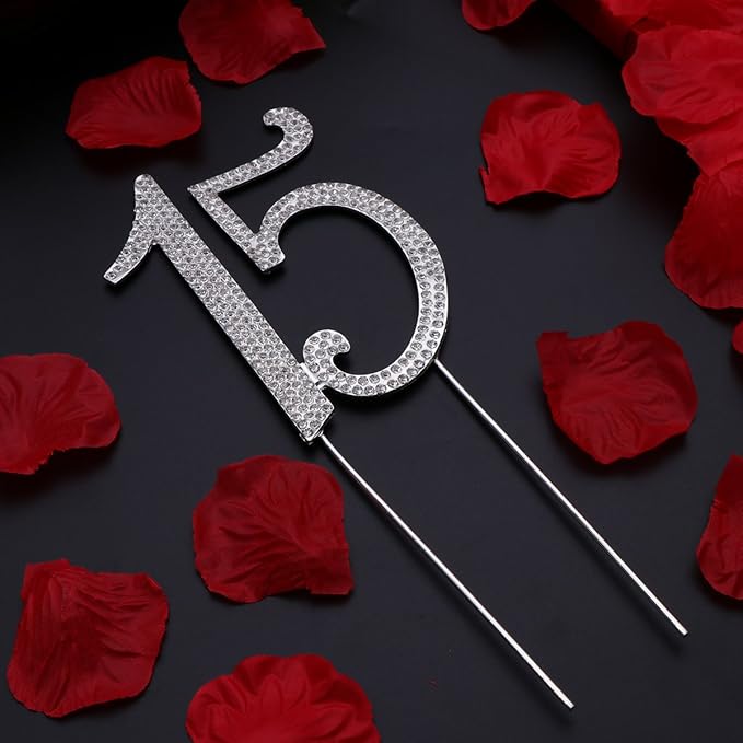 JANOU 15 Cake Topper Number 15 Crystal Rhinestones 15th Cake Decoration for Birthday Anniversary Party Decoration (Silver)