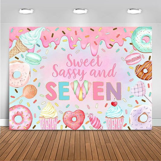 Mocsicka Donut 7th Birthday Backdrop Sweet Sassy and Seven for Girl Birthday Party Decorations Banner Seven Years Old Birthday Photography Background Photo Booth Props (10x8ft(120''x96''), Pink)