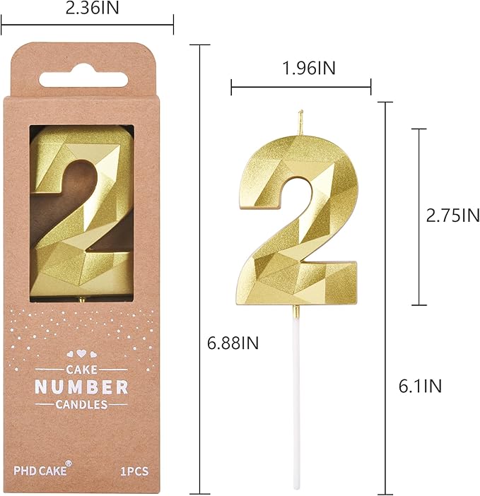 PHD Crystal Gold 2.76 Inch 2 Number Birthday Candles, Gold Cake Number Candles for Party Celebration