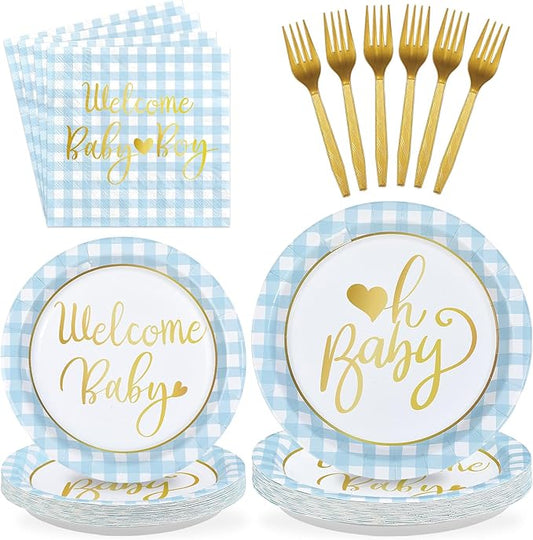 96 Pcs Blue Gingham Baby Shower Party Supplies Light Blue Gingham Plates and Napkins Welcome Baby Tableware Set for Baby Shower Birthday Family Picnic BBQ Party Decor, Serves 24