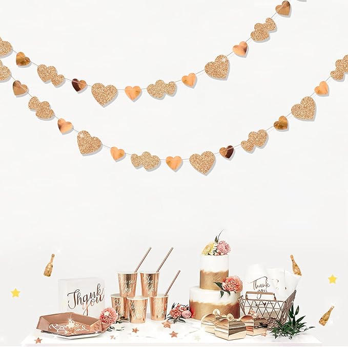 Valentines Day Party Decorations Champagne Gold Heart Banner Hanging Paper Garland Streamer for Anniversary Engagement Wedding Bridal Baby Shower Bachelorette Birthday Mother's Day Hen Party Supplies