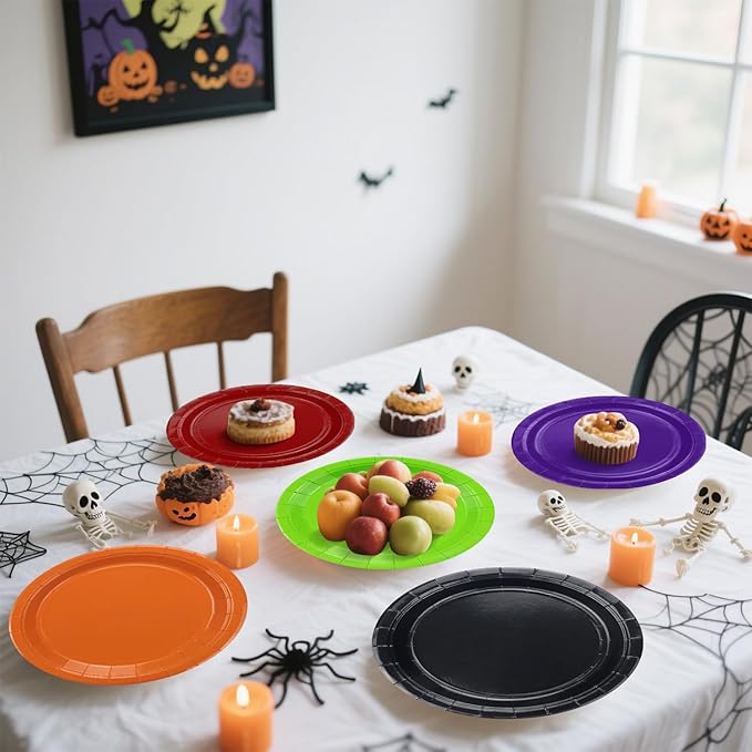 50Pcs Halloween Plates - 9” Black Red Orange Green Purple Round Bulk Dinner Plates for Holiday Picnic Celebrations Halloween Party Decorations