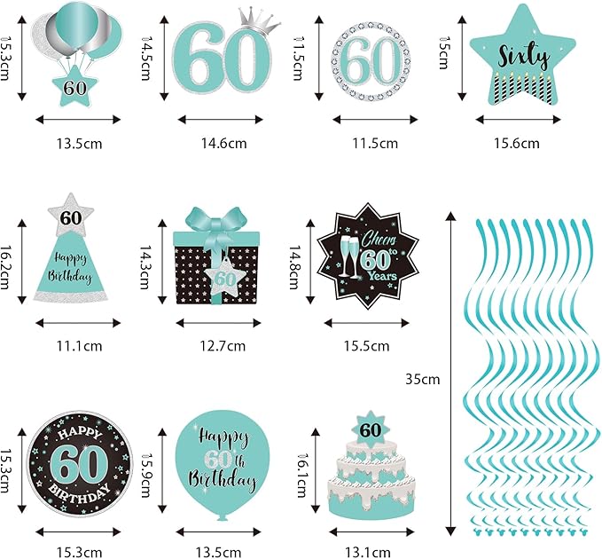 Happy 60th Birthday Party Hanging Swirls Streams Ceiling Decorations, Celebration 60 Foil Hanging Swirls with Cutouts for 60 Years Teal Silver Black Blue Birthday Party Decorations Supplies