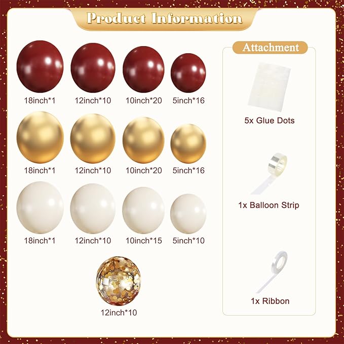 Burgundy Balloon Arch Garland Kit, 140Pcs Burgundy Maroon Gold Sand White Confetti Balloons With Stars for Birthday Christmas Birdal Shower Graduation Party Decorations