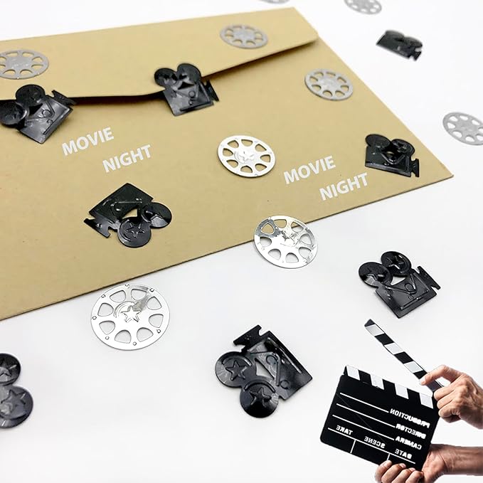 Werich camera Movie Night Party Confetti – 800 PCS Film Reel & Camera Foil Table Scatter Decorations Black and Silver Movie Theme Decor for Hollywood Awards, Cinema Birthday, Oscars Party Supplies