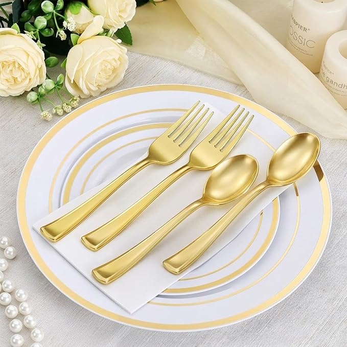 Goodluck 200 PCS Gold Plastic Silverware, Heavy Duty Plastic Cutlery Includes 100 Forks and 100 Spoons, Elegant Disposable Utensils, Durable Flatware for Parties, Weddings Catering and Dinners