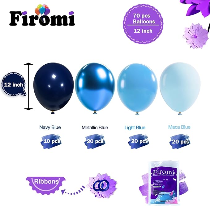 Firomi Metallic Blue Balloons Set 12-inch 70 pack Chrome Blue Latex Balloon and Navy Baby Macaron Blue Balloon for Birthday Baby Shower (with 2 Ribbons)