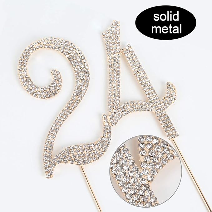 LINGPAR 24 Years Birthday Cake Topper - New Best Crystal Rhinestone 24th Wedding Anniversary Or 24 Years Old Cake Topper Party Decoration Gold