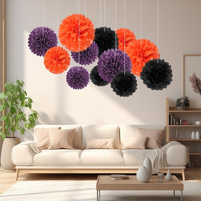 18 PCS Tissue Paper Pom Poms, Tissue Pom Poms Flowers, Sizes of 6", 10", 12", 14" Hanging Paper Flower Ball for Wedding, Birthday, Halloween, Party Decor (Black Orange Purple)