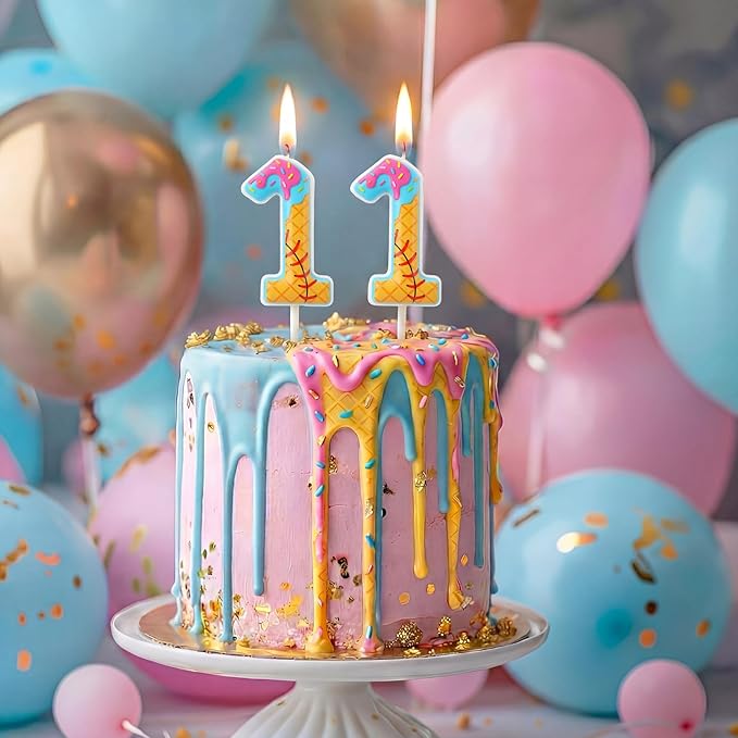 Conelist Baseball Ice Cream Drip Birthday Number Candles Baseball Drip Cake Topper Candle Cupcake Topper Decoration for Sport Theme Happy Birthday Party Favors Anniversary Supplies (2 Pcs,11th)