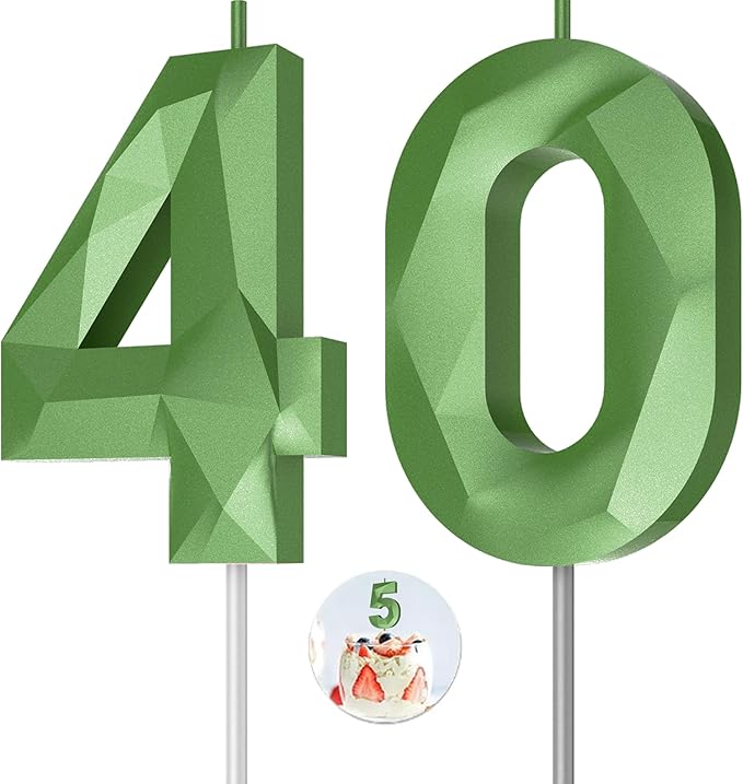 Number Birthday Candles(40 Candle Green) 3D Diamond Shape Number Happy Birthday Cake Candles for Birthday Party Wedding Decoration Reunions Theme Party