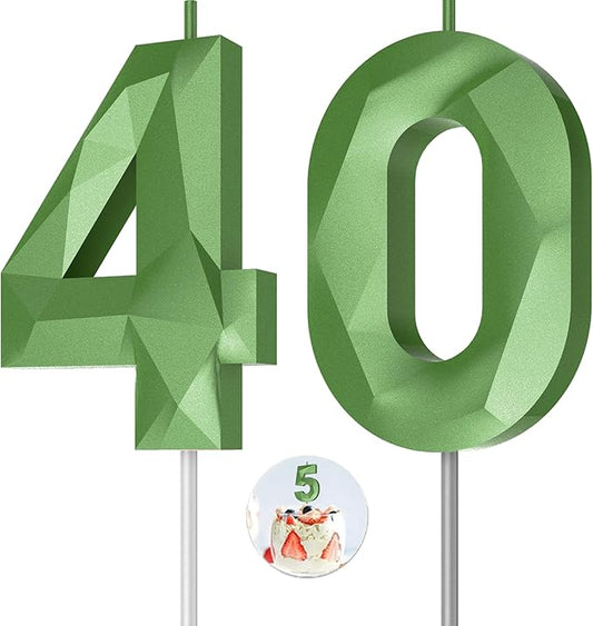 Number Birthday Candles(40 Candle Green) 3D Diamond Shape Number Happy Birthday Cake Candles for Birthday Party Wedding Decoration Reunions Theme Party