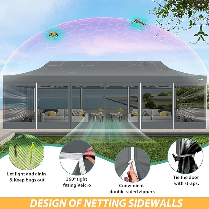COBIZI 10x30 Pop Up Canopy with Sidewalls, Heavy Duty Canopy with Mosquito Netting, Easy up Screen Party Tents for Parties Backyard Outdoor Commercial Event Gazebo with Roller Bag, Sandbags, Gray