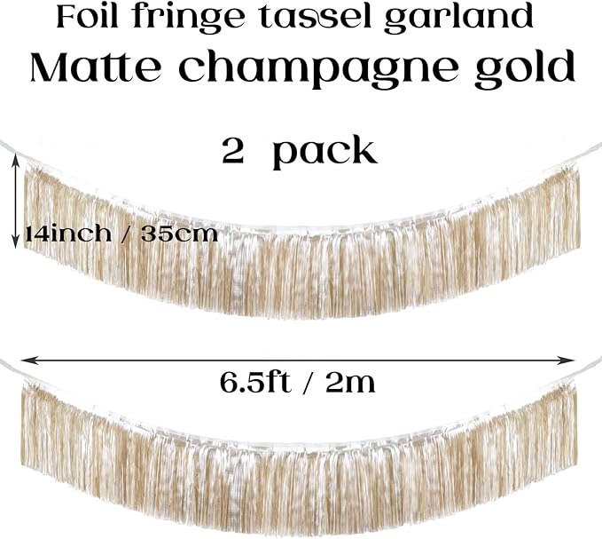 Premium Matte Champagne Gold Fringe Tassel Garland Banner -4 Layers Thick, 2 Pack | LILF Metallic Tinsel Streamers for Party Decorations Birthday Wedding Photo Booth Wall Hanging Decor