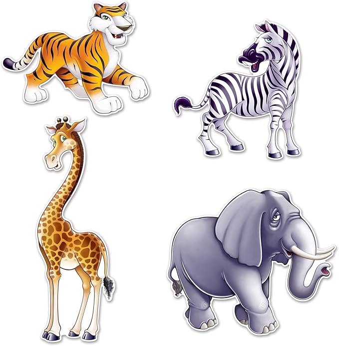 Beistle Jungle Animal Cutouts – 4-Pack Double-Sided Safari Decorations Featuring Giraffe Elephant Zebra and Tiger – Wall Décor for Jungle Theme Birthday Party or Classroom Display – 15½"–25"