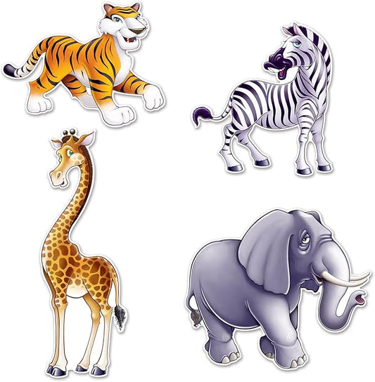 Beistle Jungle Animal Cutouts – 4-Pack Double-Sided Safari Decorations Featuring Giraffe Elephant Zebra and Tiger – Wall Décor for Jungle Theme Birthday Party or Classroom Display – 15½"–25"