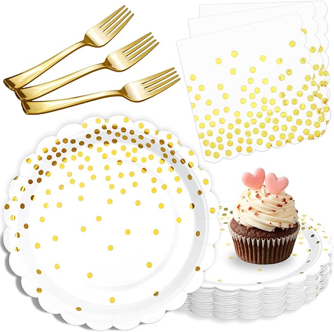 Gold Plates and Napkins Party Supplies, 35 7??White and Gold Party Paper Plates, Disposable Plate for Wedding Birthday Birthday Decoration Tableware