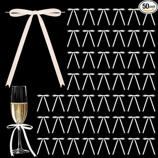 Satin Ribbon Bows 5x7 Inch Twist Tie Bows, Cute Champagne Bow Decor for Gift Wrapping, Cake Treat Bags, Craft DIY Gift, Party Favors Wedding Decorations (50 Pcs Set - Champagne)