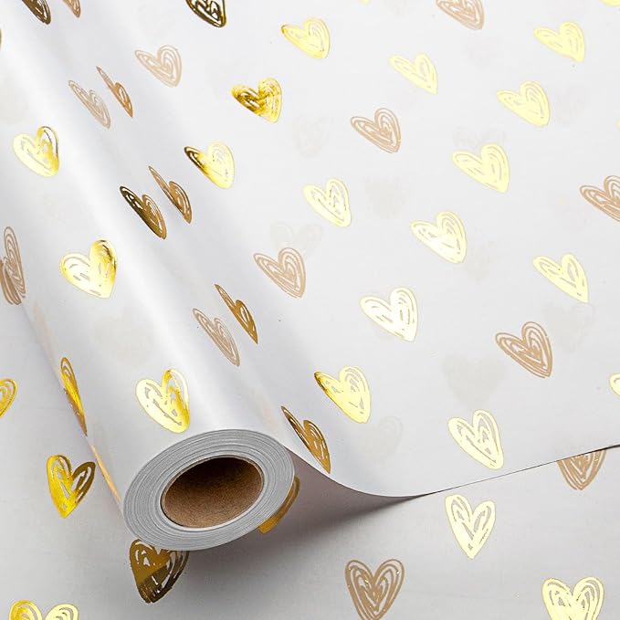 MAYPLUSS Foil Hearts Wrapping Paper Roll - 17 Inch X 33 Feet - Luxury Metallic Golden Heart Design Holiday Gift Wrap Present Paper for Valentine’s Day, Birthdays, Wedding, Anniversaries