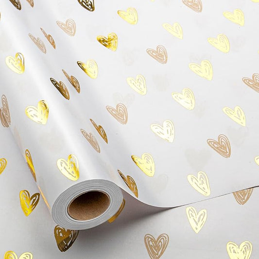 MAYPLUSS Foil Hearts Wrapping Paper Roll - 17 Inch X 33 Feet - Luxury Metallic Golden Heart Design Holiday Gift Wrap Present Paper for Valentine’s Day, Birthdays, Wedding, Anniversaries