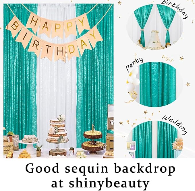 ShinyBeauty Sequin Curtains 2 Panels 2FTx8FT Teal Glitter Curtain Backdrop Party Background Drapes for Wedding Christmas New Year (2FTx8FTx2PC, Teal)