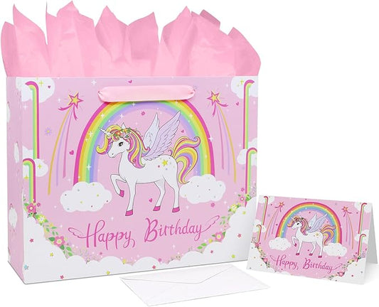 Oletx 13" Pink Unicorn Gift Wrap Paper Bag,Birthday Party Wrapping Bag With Tissue Paper Greeting Card for Women's Party,Mother's Day