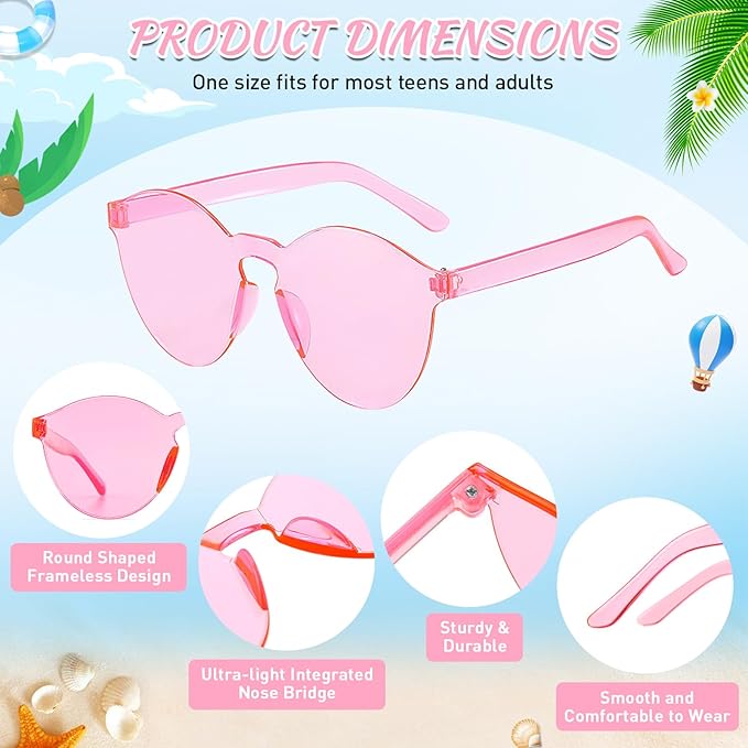 SUNOVELTIES 18/40 Pack Round Shaped Rimless Sunglasses Transparent Candy Color Party Glasses Colored Eyewear for Women