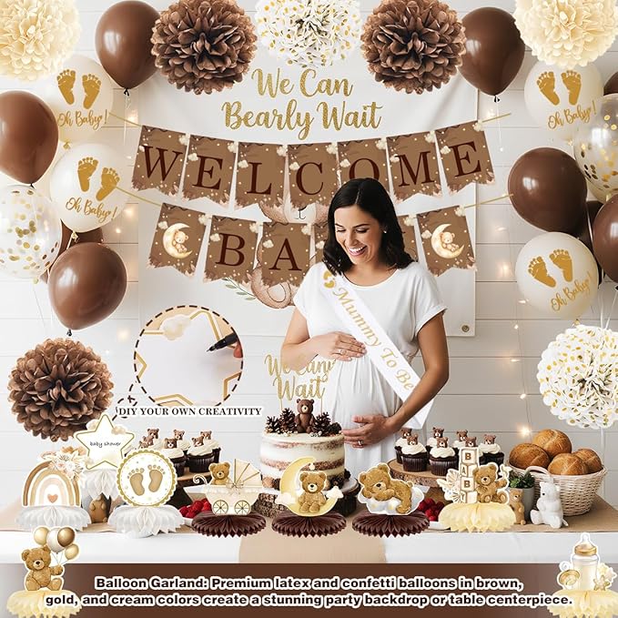 Baby Shower Decorations Set, Teddy Bear Brown White Gold Party Supplies with Balloons, Welcome Baby Banner, Paper Flowers, Gender Reveal We Can Bearly Wait Party Decoration for Boy Girl