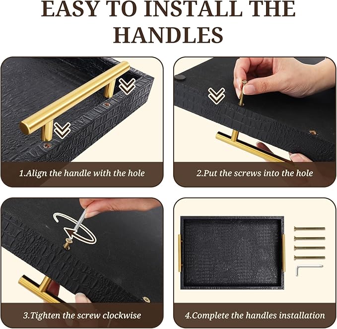 SXNOWS 17"x12" Black Faux Leather Serving Tray with Gold Handles, Rectangle Decorative Tray for Ottoman, Coffee Table, Kitchen, Bar, Gift for Home Decor