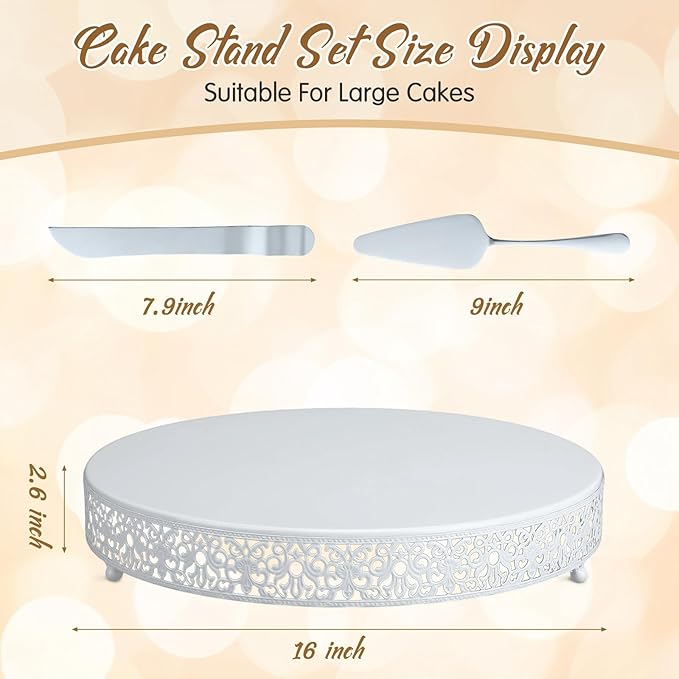 Wenqik 16 Inch White Cake Stand Set Metal Round Cupcake Dessert Stand with Cake Cutting, Spatula Wedding Cupcake Pastry Display Candy Holder Display for Wedding Party Birthday Baby Shower(Classic)