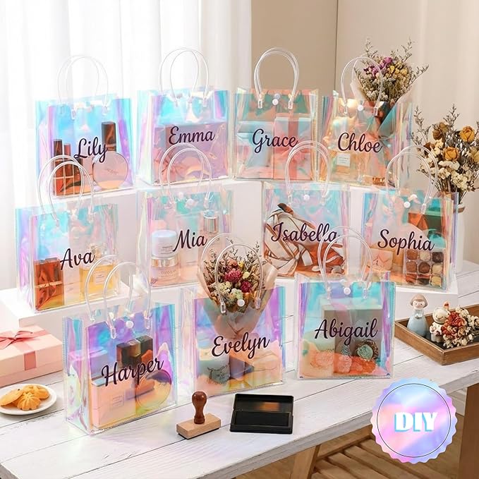 16 Pcs Holographic Small Gift Bags, Clear Reusable Iridescent Birthday Gift Bag with Handles, PVC Gifts Wrap Bags for Bachelorette Shopping Birthday Weddings Party Favors(7.87" x 7.87" x 3.15")