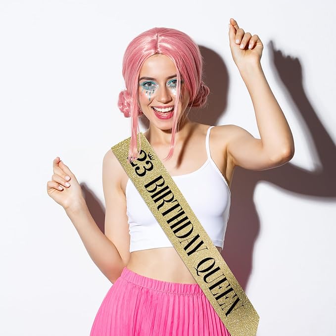 23 Birthday Queen 23rd Birthday Sash for Women, Gold Glitter Sash with Black Foil