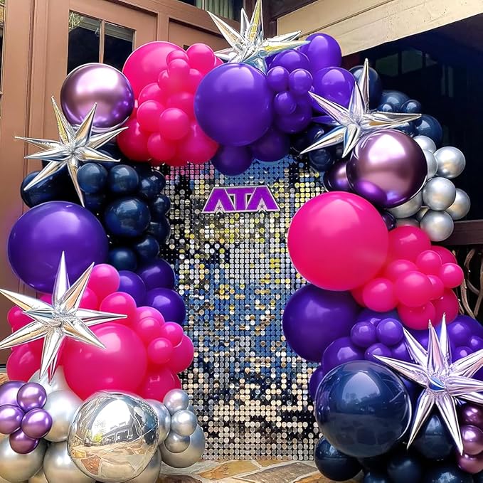 MEBAY Hot Pink Purple Dark Blue Baloon Garland Arch Kit with 4D Star Foil Balloon Silver, 155Pcs Latex Balloons Different Sizes 18 12 10 5 inch for Graduation Birthday Wedding