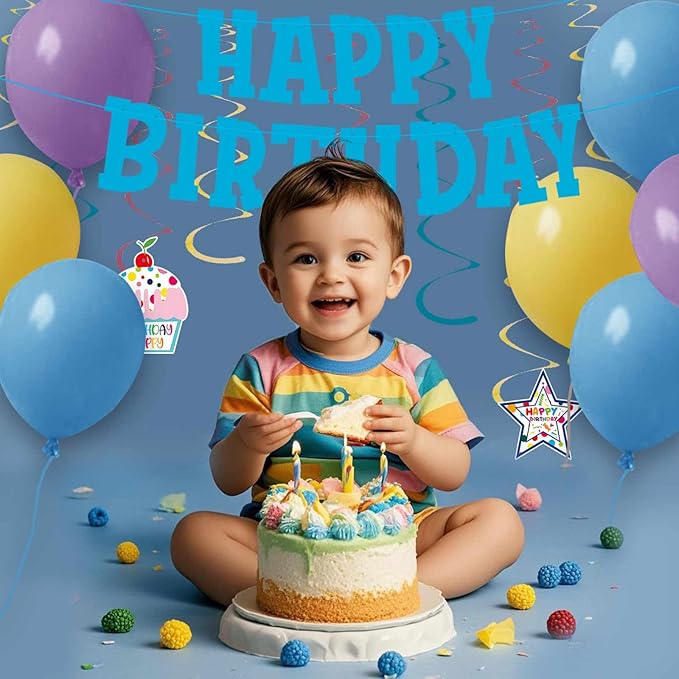 Pre-Strung Blue Birthday Decorations Boys - 9PCS Happy Birthday Banner Hanging Swirls Decorations Supplies Cheers to Boy's Birthday Party