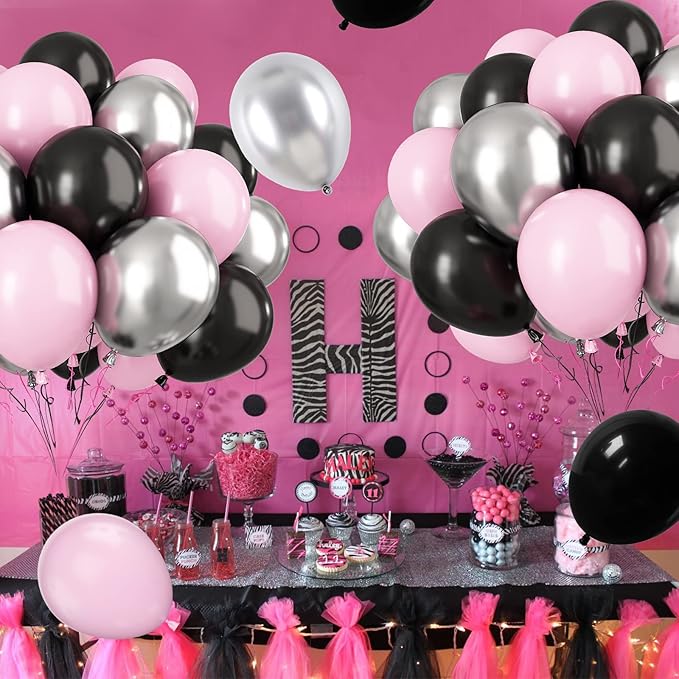 Paready Pink and Black Balloons, 30 Pcs 12 Inch Pastel Pink and Metallic Silver Latex Balloons for Birthday Baby Shower Engagement Anniversary Wedding Bridal Shower Party Graduation Decoration