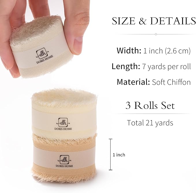 DORIS HOME Nude and Ivory Chiffon Ribbon for Flower Bouquet, 1" x21Yd Fabric Ribbon for Gift Wrapping, Handmade Frayed Ribbon for Wedding Invitations/Christmas Decorations