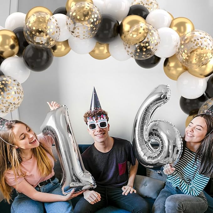 Patimate Black Gold Confetti Balloons Set, 50 pcs 12 inch Metallic Gold Black White Confetti Latex Balloons Kit for Birthday Wedding Graduation New Years Anniversary Party Decorations